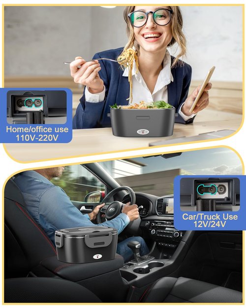 FERVINOW Cordless Electric Lunch Box for Adults – Battery-Powered Heated Lunch Box with 1.2L Stainless Steel Container, Timer Function, and Leak-Proof Food Warmer for Work, Travel & Office(BK)
