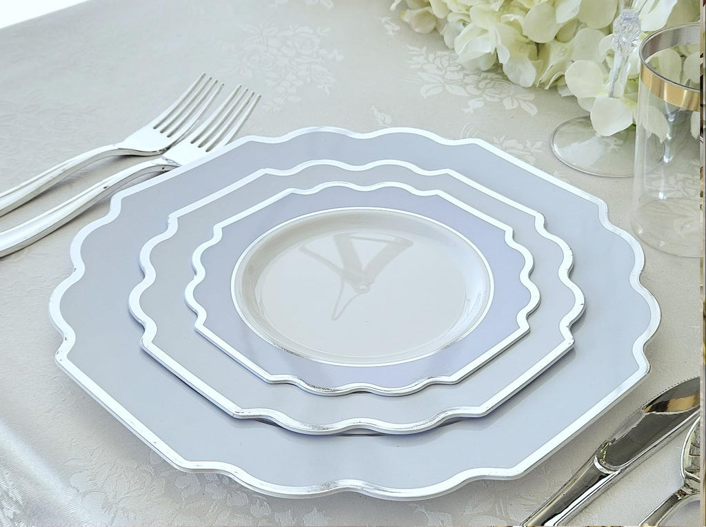 " OCCASIONS " 120 Plates Pack, Heavyweight Disposable Wedding Party Plastic Plates (8'' Appetizer/Dessert Plate, Imperial in White/Blue & Silver)