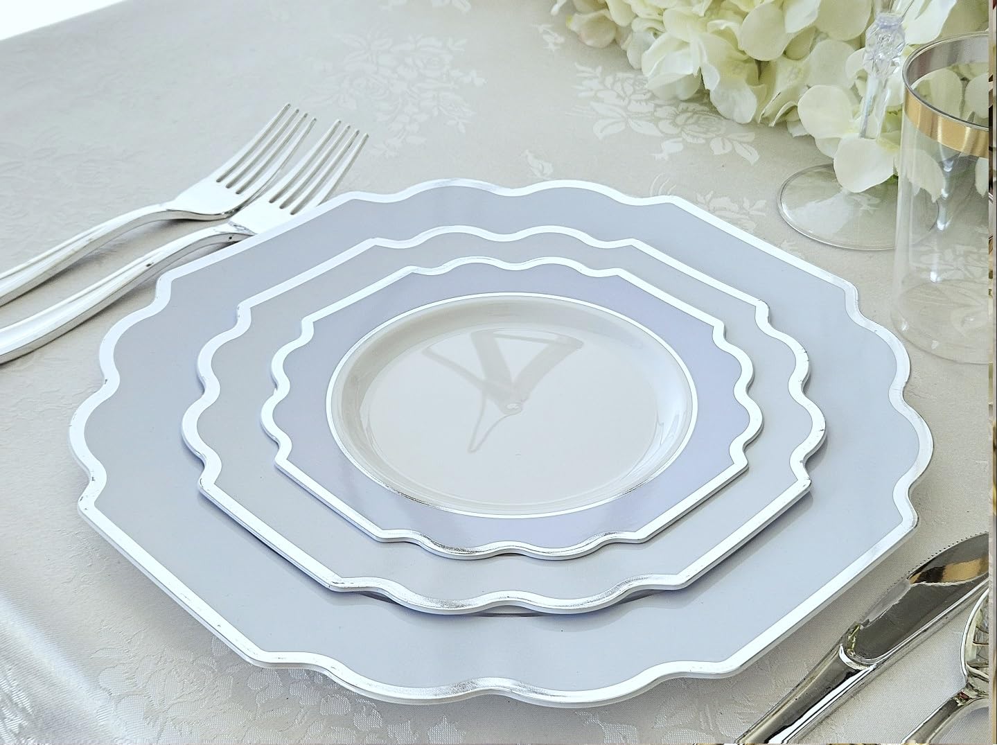 " OCCASIONS " 120 Plates Pack, Heavyweight Disposable Wedding Party Plastic Plates (8'' Appetizer/Dessert Plate, Imperial in White/Blue & Silver)