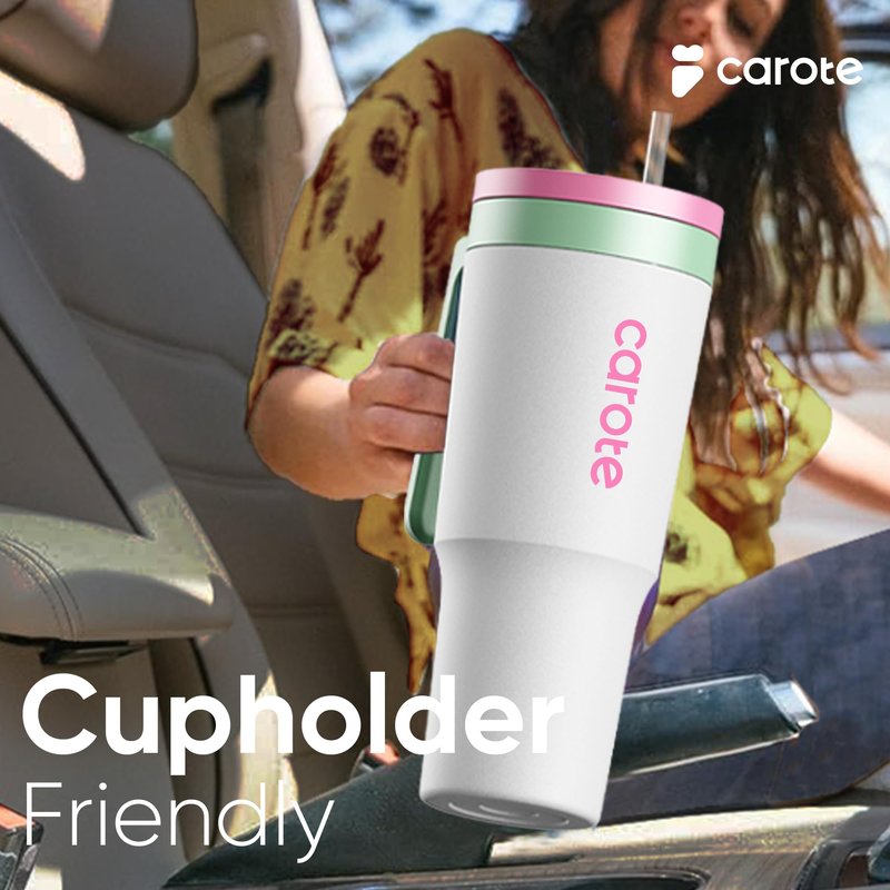 CAROTE 30 oz Insulated Water Bottle with Handle & 32 oz Travel Tumblers with Straw, Leakproof Dual Drink Ports Lid, Double-Wall Stainless Steel Vacuum Insulated for Sports, School (Pink)