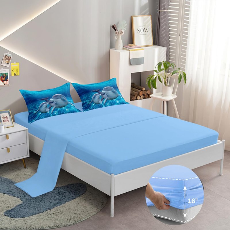 Dolphin comforter set Twin Size Bed in a Bag Cute Dolphin Jumping Blue Ocean Themed Bedding Set for Boys Girls Room Decor with Comforter,Pillow Shams,Flat Sheet,Fitted Sheet,Cushion Cover(Twin 5Pcs)