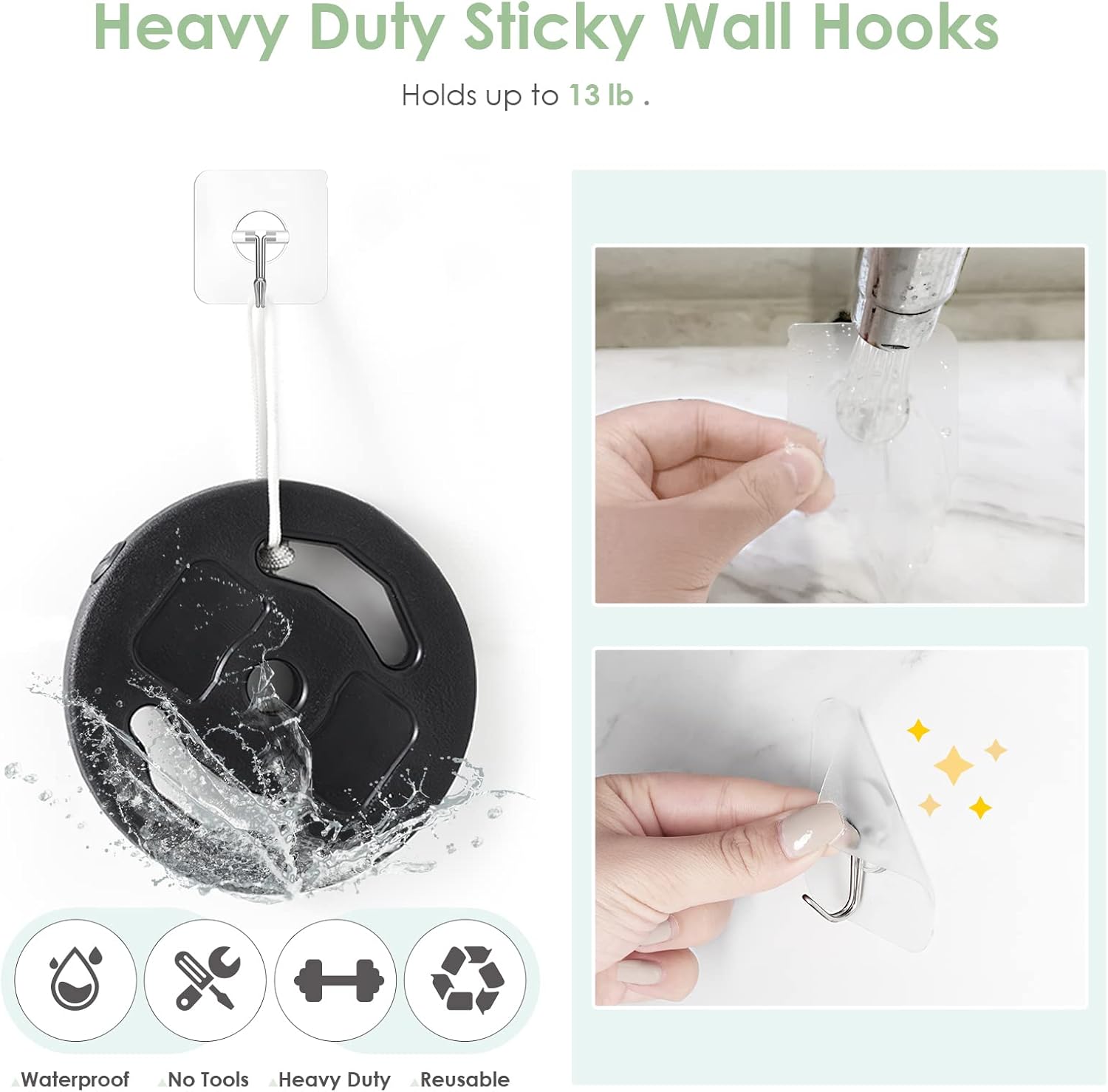 Skiennix Wall Hooks - Clear Removable Stainless Steel Adhesive Hooks | 10 Pack, 13 lb Capacity for Shower & Kitchen