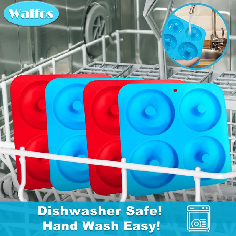 Walfos Full Size Silicone Donut Mold - 4In Donut Pan Big Size Non-Stick Donut Pan for Donut Cake Biscuit Bagels, Heat Resistant, BPA FREE and Dishwasher Safe(4Pack)