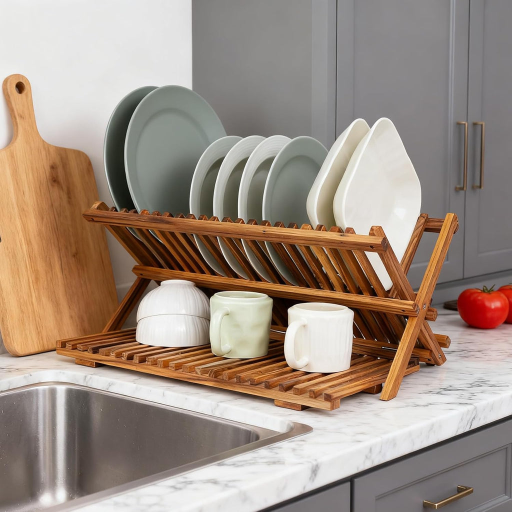 Utoplike Teak Dish Drying Rack - Large 3-Tier Collapsible Kitchen Organizer for Plates & Cups