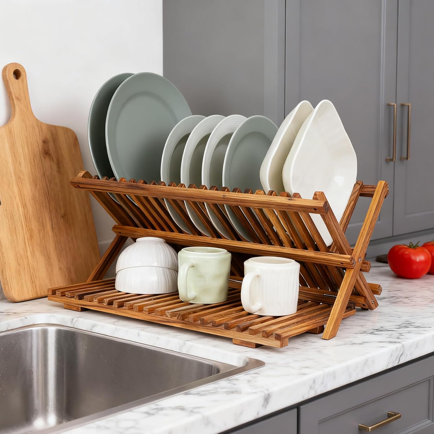 Utoplike Teak Dish Drying Rack - Large 3-Tier Collapsible Kitchen Organizer for Plates & Cups