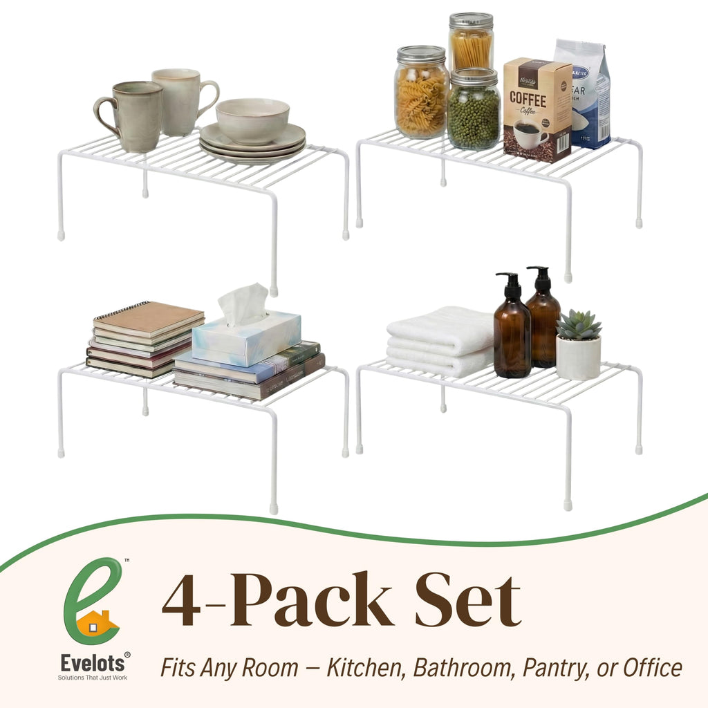 Evelots Kitchen Cabinet Wire Shelf Organizer/Rack - 4 Pack Sturdy Metal Shelf Risers - Double Your Counter Space - Great for Kitchen, Freezer, Pantry and Bathroom - Rustproof - White