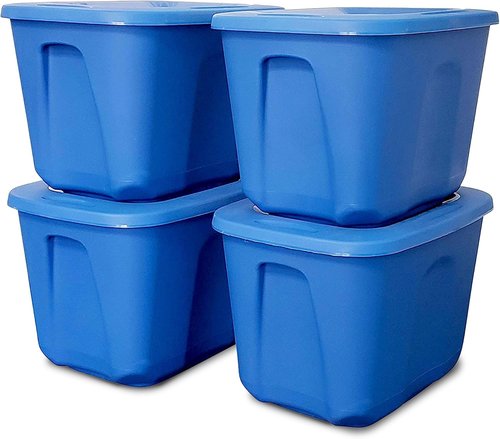 HOMZ 10 Gallon Durable Molded Storage Bins - Stackable Plastic Containers with Lids, Blue | 4-Pack for Home Organization