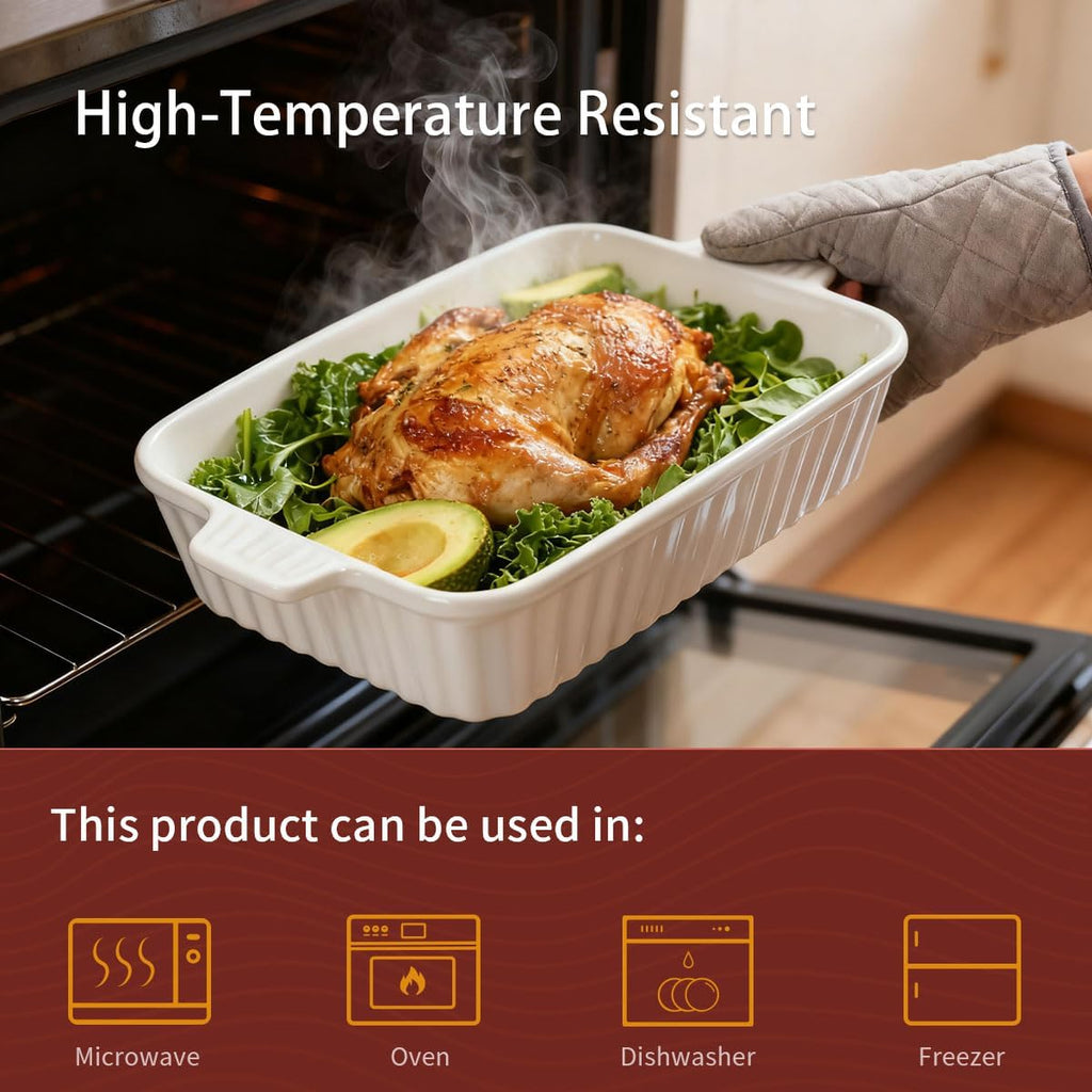 WishDeco Ceramic Casserole Dishes Set - 4-Piece White Porcelain Bakeware for Oven & Microwave | Rectangular Lasagna Pans with Handles (15''/12.4''/11''/9.6'')