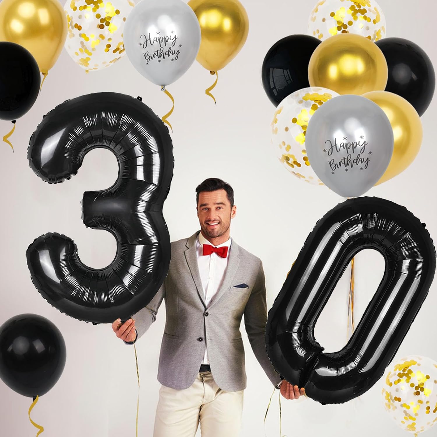 Skiennix 30th Birthday Decorations - 40-Inch Number Balloons & 18 Pcs 12-Inch Balloons for Men & Women
