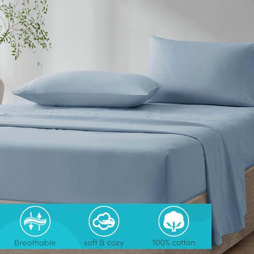 Comfort Spaces 100% Cotton Sheet Set - Breathable & Soft Bedding for Twin Mattresses, Blue 3 Piece Set