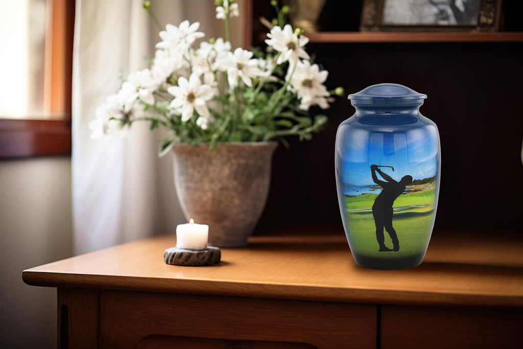 Golf Urn - Full Size Golfer Cremation Urns - Adult Classic Sports Urns - Golf Lovers Funeral and Memorial Urns for Human Ashes Upto 200 Lbs with Velvet Bag (Large)