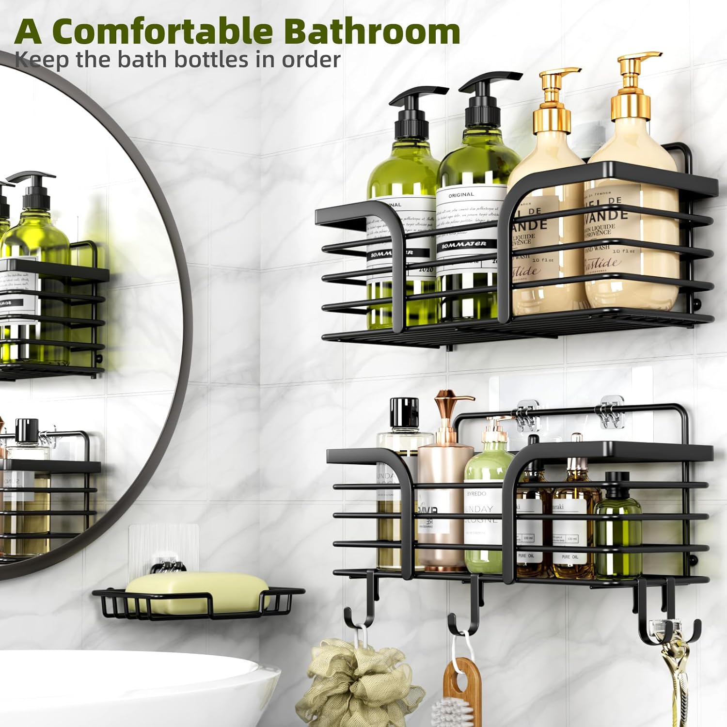 Yougai Shower Caddy - Rustproof Shower Organizer with Soap Holder & Hooks | Wall-Mounted Storage (Black)