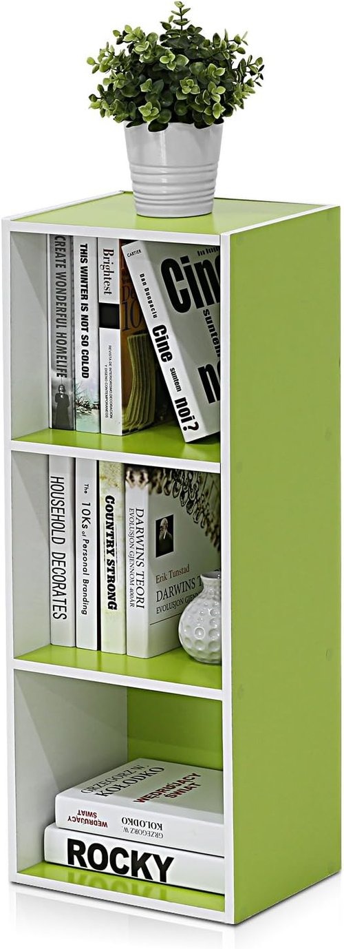 Furinno LUDER Bookshelf - 3-Cube Bookcase with Open Shelves | Easy Assembly, White/Green Finish