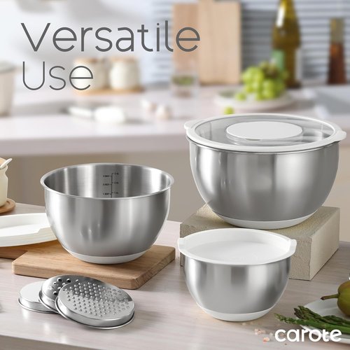 CAROTE Stainless Steel Mixing Bowls Set - 12 Pcs with Airtight Lids & Grater Attachments | Non-Slip Bottoms, Various Sizes
