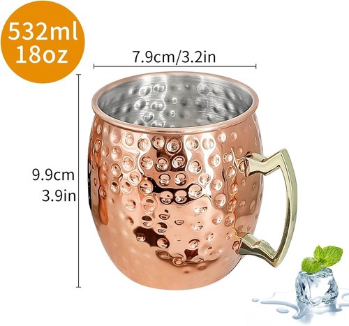 Moscow Mule Mugs Set of 12 Plated Copper Mule Mugs 18oz Bulk Large Hammered Stainless Steel Cups with 1pcs 0.5oz Double Jigger 12pcs Stainless Steel Straws for Cold Chilled Drinks Cocktails
