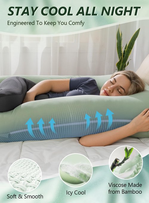 Meiz U-Shaped Pregnancy Pillow - Cooling Maternity Body Pillow in Sage Green | 55 Inch Rayon Bamboo Cover