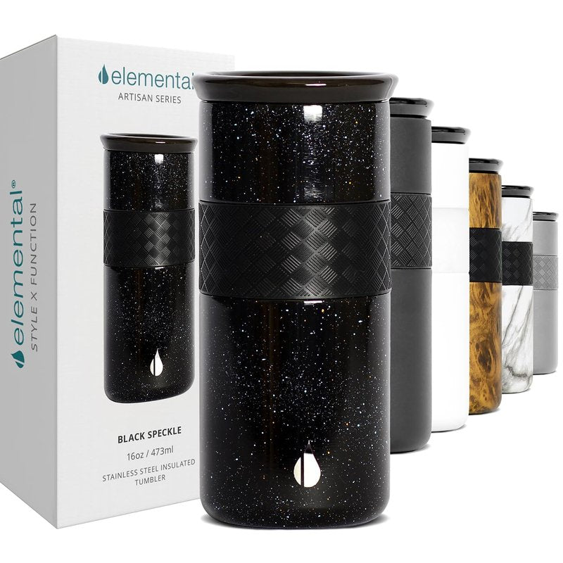 Elemental Artisan Insulated Tumbler, Triple Wall Coffee Travel Mug, Reusable Stainless Steel Coffee Tumbler with Ceramic Lid, Thermal Coffee Cups for Hot (6 Hrs) & Cold (18 Hrs), 16oz - Black Speckle
