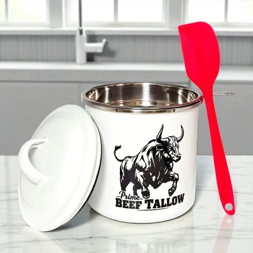 Beef Tallow Container with strainer for Fat Storage – 40 floz – 1.1 L – Bacon Grease Container, Strainer, & Spatula for Brisket Drippings, Lard, & Oil– Grease Keeper for Kitchen - Dishwasher Safe