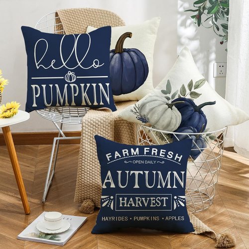 MAZSHTTD Blue Pumpkin Throw Pillow Cover 18x18 Inch Set of 4 Hello Pumpkin Outdoor Indoor Decorative Throw Pillow Cover for Farmhouse Bedroom Sofa Cushion Couch Fall Decor