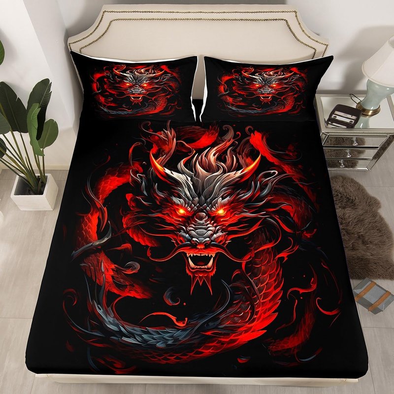 Red Black Dragon Fitted Sheet Queen Size,Glowing Flame Dragon Bedding Set 3Pcs for Kids Boys Men Adult Bedroom Decor,Wild Animals Bed Sheet Cool Magical Style Deep Pocket Sheet,2 Pillowcases