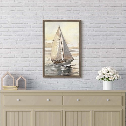Ocean Sailboat Framed Wall Art - Nautical Boat Painting Coastal Sailing Artwork Sunset Seascape Picture Sea Beach Prints Wooden Decor for Bedroom