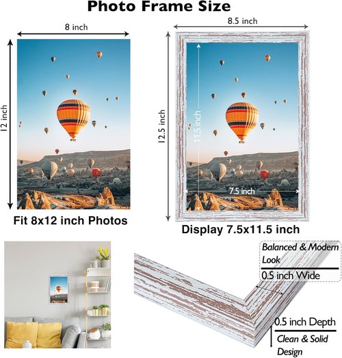 JCJMY 8x12 Picture Frame - Rustic White Wall Mounting & Tabletop Display with Shatter-Resistant Plexiglass