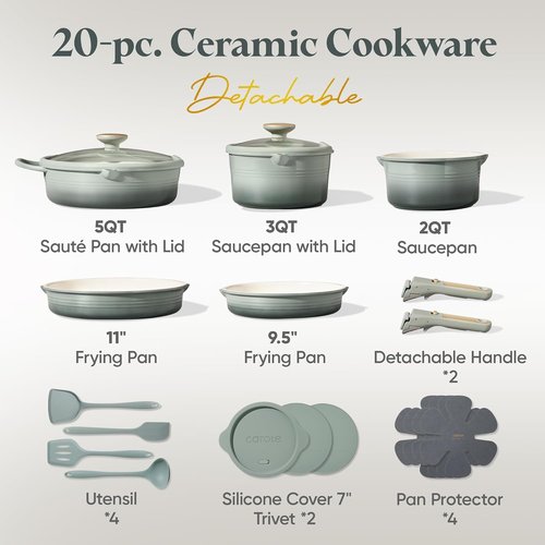 CAROTE 20Pcs Titanium Cookware Set - Non-Stick Pots and Pans with Detachable Handle | Induction & Dishwasher Safe