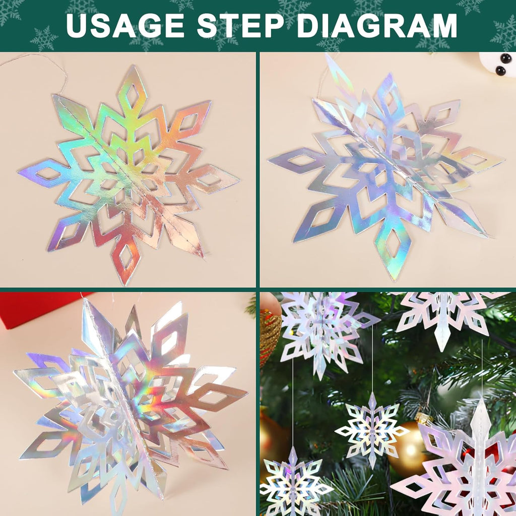 Skiennix 24 PCS Snowflake Christmas Hanging Decor - 12 Glittery & 12 White Paper Snowflakes for Winter Holiday Parties