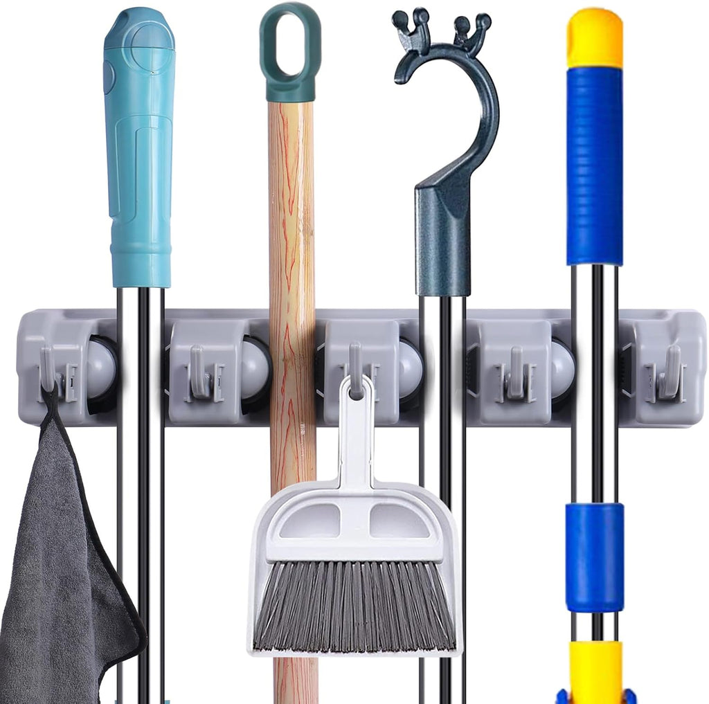 Skiennix Wall Mount Mop And Broom Holder - Space-Saving Organizer For Closet & Garage Storage