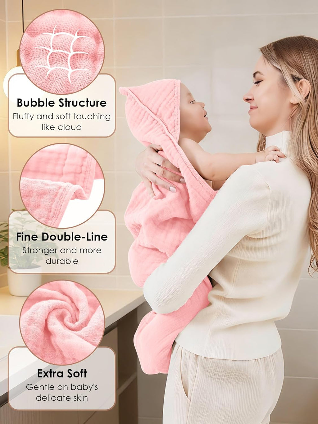 Muslin Hooded Baby Bath Towels - Ultra-Soft 100% Cotton | 3 Pack for Newborns & Toddlers - 32x32 Inch, Quick-Dry Pink Series