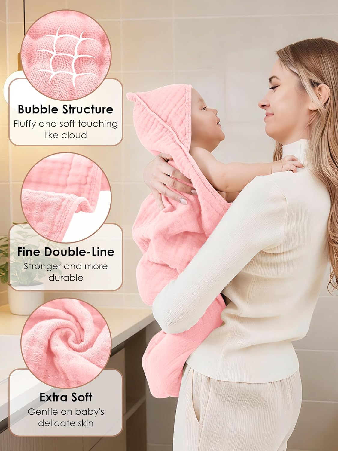 Muslin Hooded Baby Bath Towels - Ultra-Soft 100% Cotton | 3 Pack for Newborns & Toddlers - 32x32 Inch, Quick-Dry Pink Series