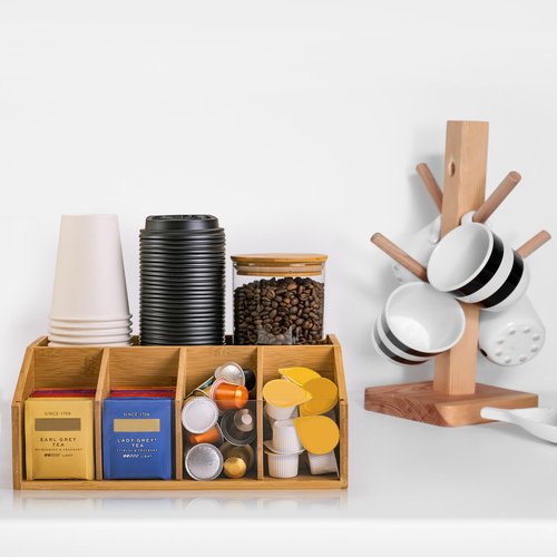 HUCINIUN Bamboo Coffee Station Organizer for Countertop, Coffee Bar Accessories Organizer with 5 Compartments for Tea Bags Condiment, Pods, Creamer, Syrup, Cups