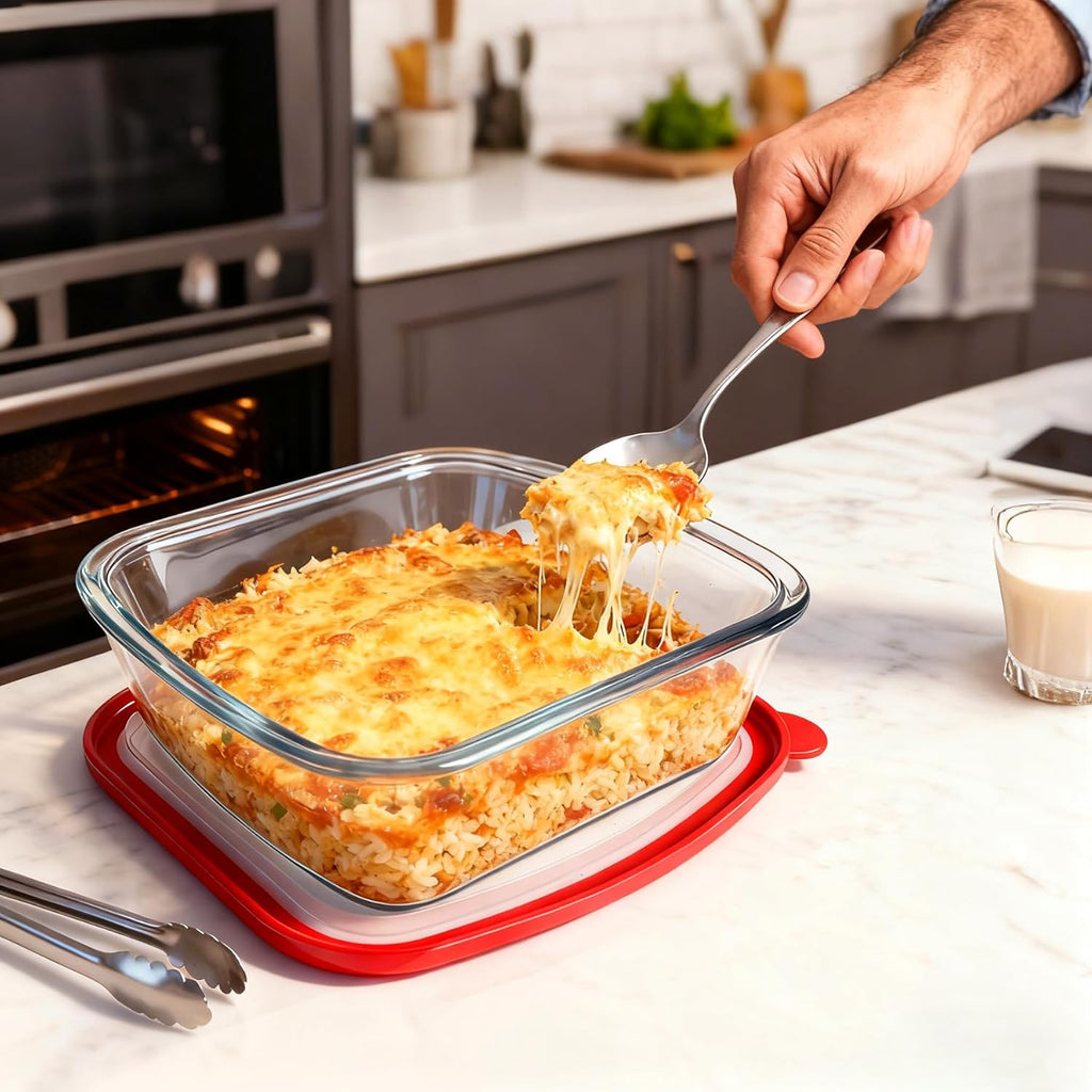 Skiennix Glass Baking Dish - 2.75Qt Square 9x9 Pan With Lid & Non-Slip Mitts | Oven Safe