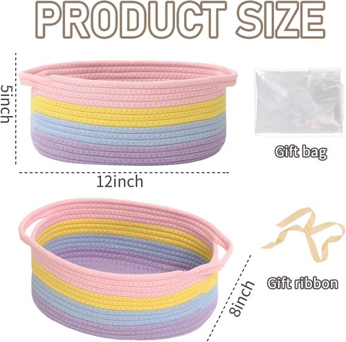 JMvicyroam Woven Basket - Small Rope Storage Bin with Handles for Organizing Shelves | 3-Pack Rainbow Design