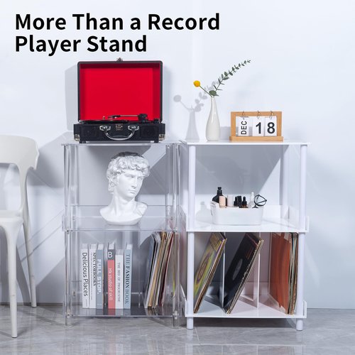 Antilope 18x14 White Acrylic Record Player Stand with Vinyl Storage, 3 Tiers Turntable Stand Holder Up to 200 Albums, Large Record Player Table Cabinet Organizer for Living Room Bedroom Corner