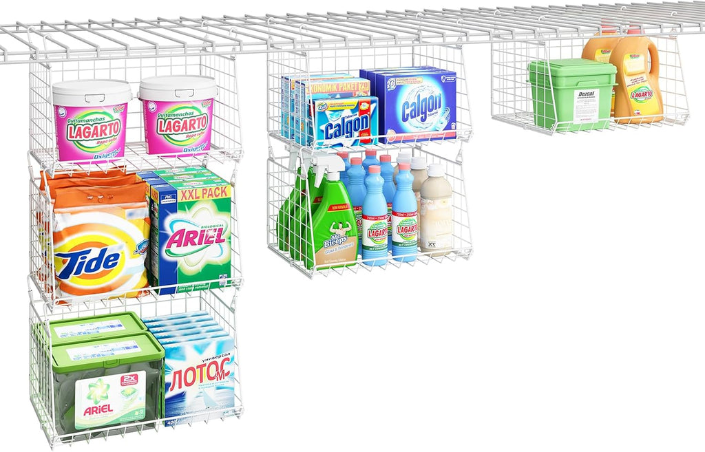 Skiennix 3-Tier Hanging Laundry Basket Organizer - Foldable Wire Shelf with 360° Rotating Hooks | Space-Saving Solution in White