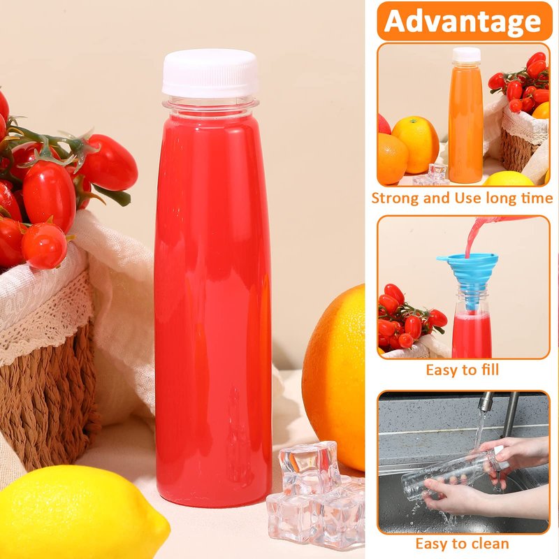 Tanlade 100 Pcs Plastic Juice Bottles with Caps Refrigerator Drink Container with Lid Clear Reusable Beverages Bottles for Juices, Milk, Tea, Fridge Storage, Take out (White Cap,10 oz)