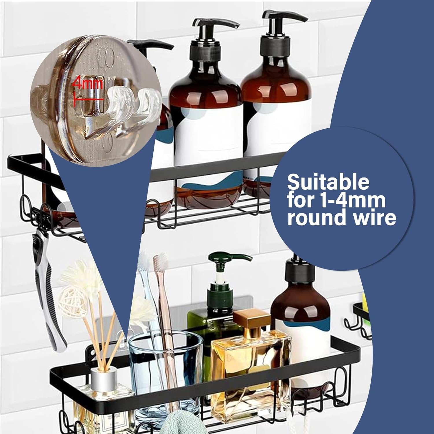 YOLOPLUS+ Shower Caddy Adhesive Hooks - 8 Pack Strong Sticker Hooks for Bathroom & Kitchen | No Drilling