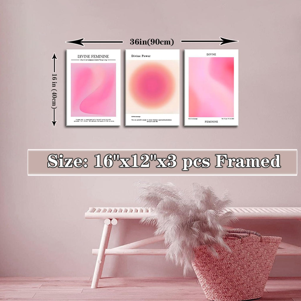 Trendy Aesthetic Canvas Wall Art - Set of 3 Pink Gradient Aura Angel Prints | Framed 12x16 Inch Decor for Bedroom & Living Room