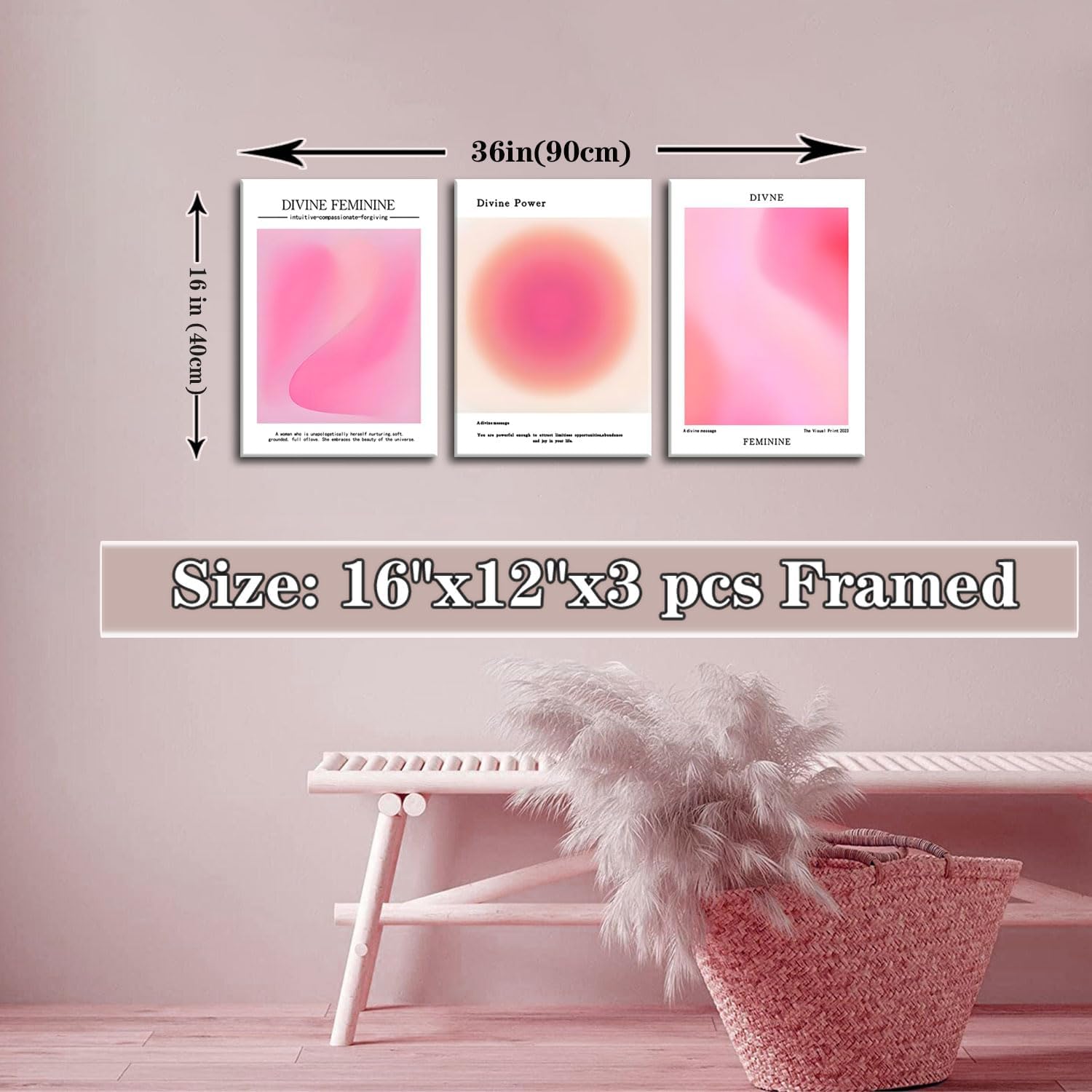 Trendy Aesthetic Canvas Wall Art - Set of 3 Pink Gradient Aura Angel Prints | Framed 12x16 Inch Decor for Bedroom & Living Room