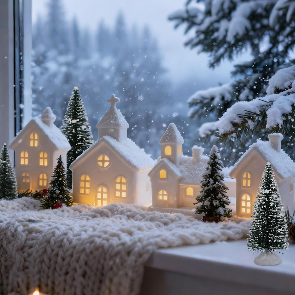 Skiennix Light Up Christmas Village Set - 4 Ceramic Houses & 5 Xmas Trees | Winter White Porcelain Decor