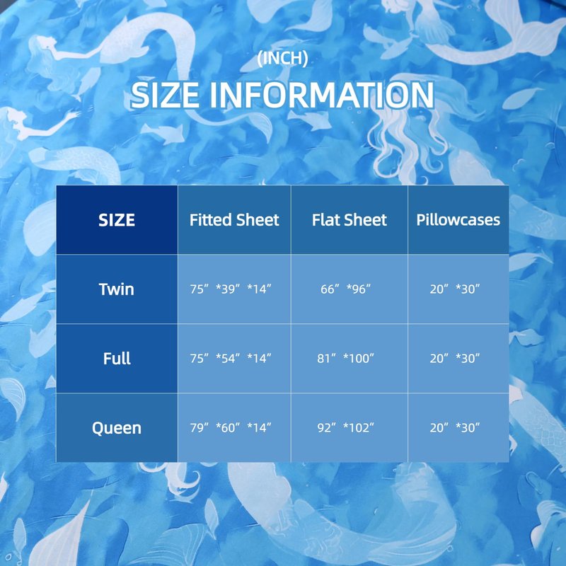 SDIII 4PCS Blue Mermaid Queen Sheets Set, Soft Microfiber Princess Sheets Set Queen, Blue Mermaid Bed Sheet for Girls Kids and Teens, Deep Pocket