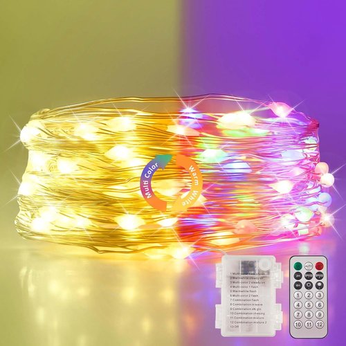 Ariceleo Battery Operated String Lights - 50 LEDs Warm White & Multi-Color | 5M/16.4ft with Remote Control & Timer