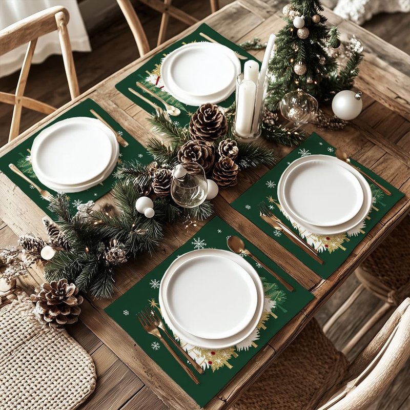 GEEORY Christmas Placemats 12x18 Inch Set of 4, Xmas Trees Snowflakes Winter Seasonal Holiday Farmhouse Kitchen Dining Table Decoration for Indoor Outdoor Dinner Party Décor (Green) GP127-18