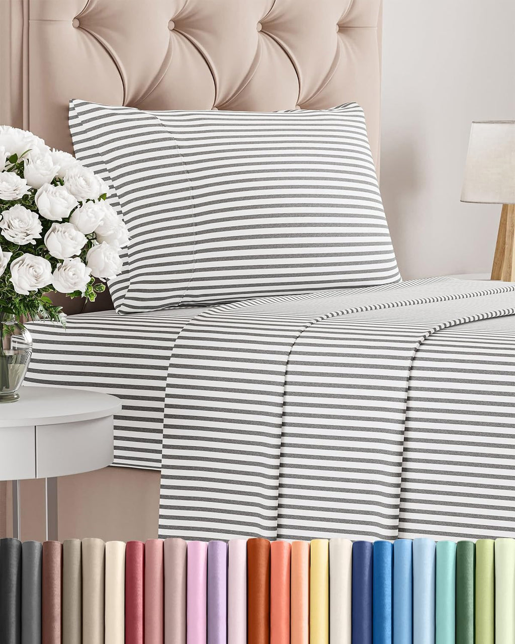Skiennix Twin Size 3-Piece Sheet Set - Comfy Cooling Bed Sheets - Soft, Wrinkle-Free Grey Stripes