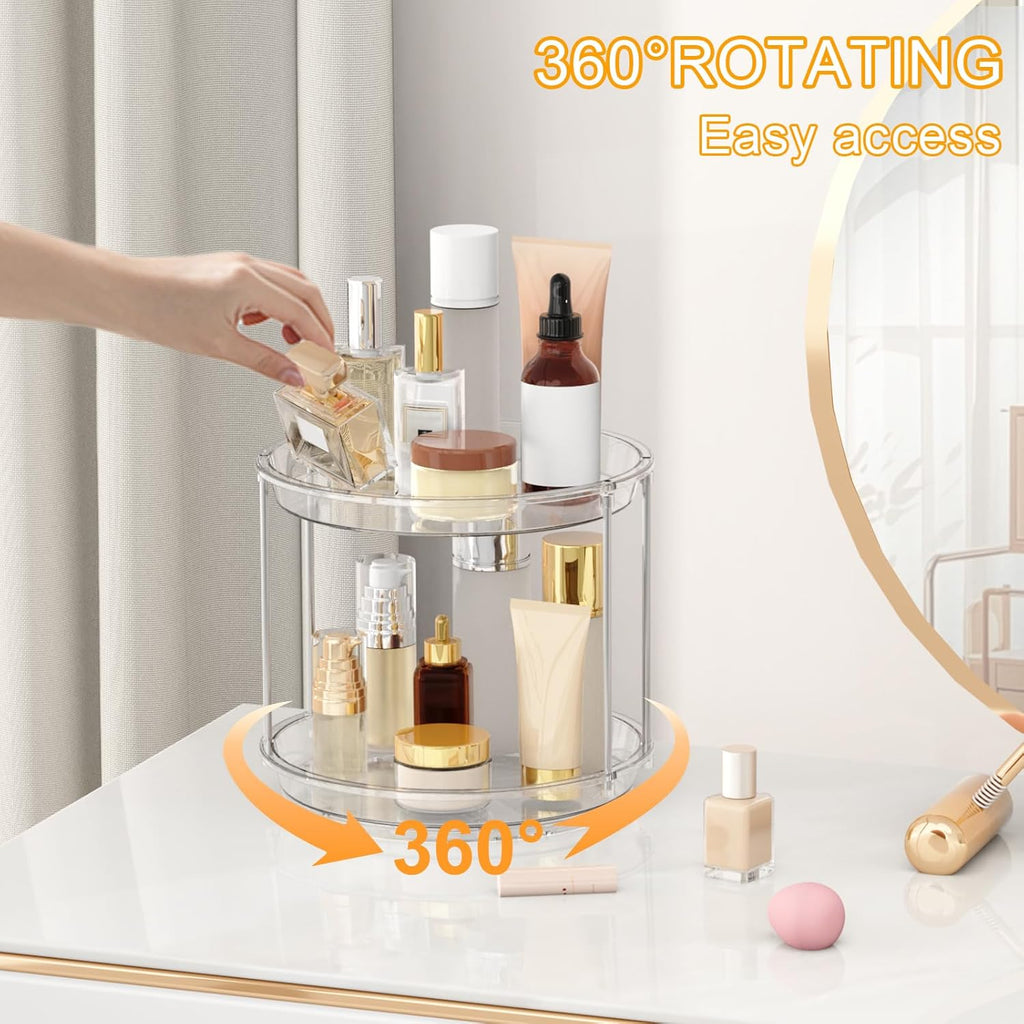 Skiennix 360 Rotating Makeup Organizer - 2 Tier Clear Lazy Susan Turntable for Vanity & Bathroom
