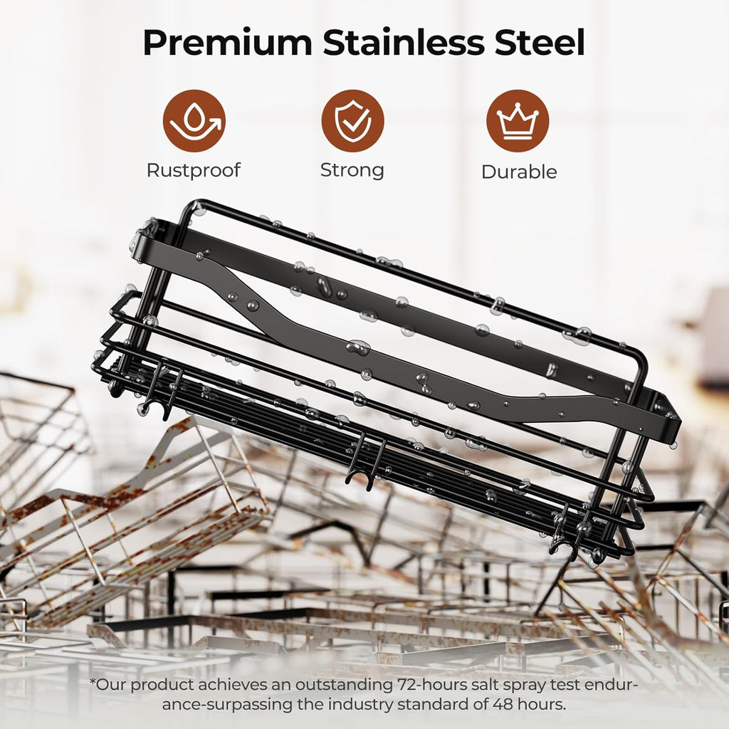Orimade Adhesive Shower Caddy Shelf - Rust Resistant Wall Mounted Organizer with 5 Hooks | 2 Pack, Black