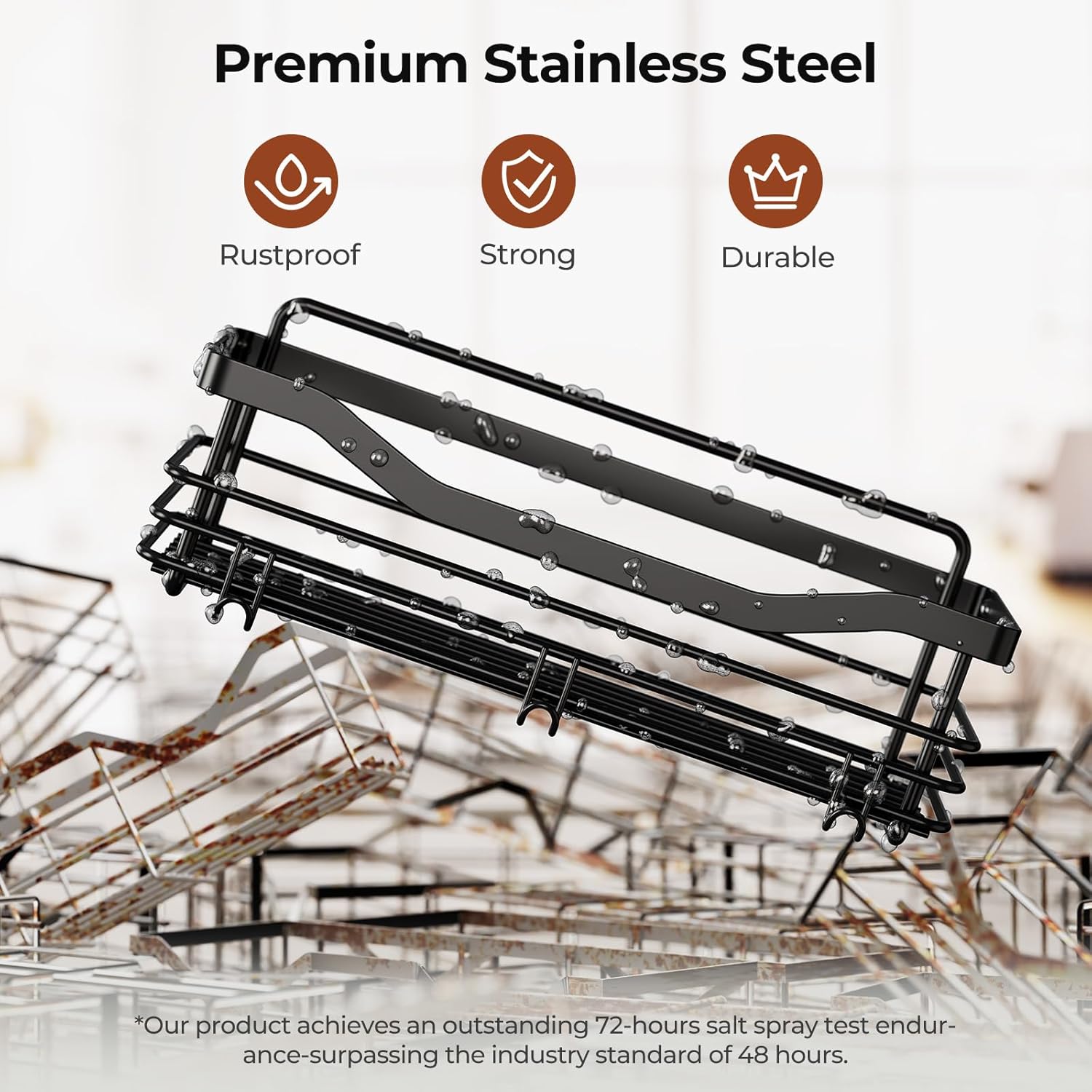 Orimade Adhesive Shower Caddy Shelf - Rust Resistant Wall Mounted Organizer with 5 Hooks | 2 Pack, Black