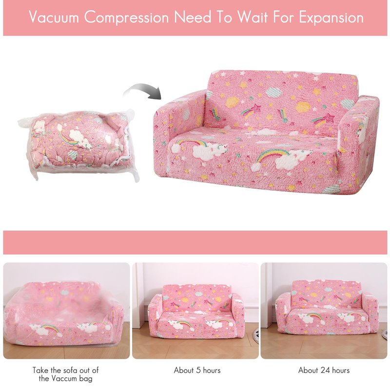 Dormlony Foldable Kids Sofa Extra Wide for 2 Seats, Soft Kids Fold Out Couch Glow in The Dark,Convertible Sofa to Lounger Toddler Sofa Chair(Rainbow)