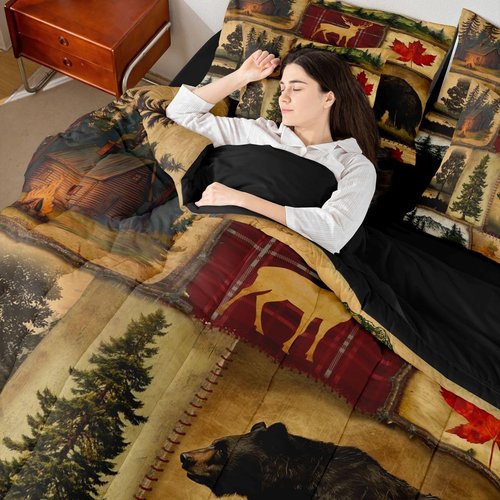 Erosebridal Rustic Farmhouse Comforter Set 7 Pcs Twin,Retro Cabin Lodge Down Comforter,Hunting Bear Deer Bed in a Bag,Country Maple Leaves Duvet Insert,Rustic Woodland Pine Tree Sheets,Red Brown